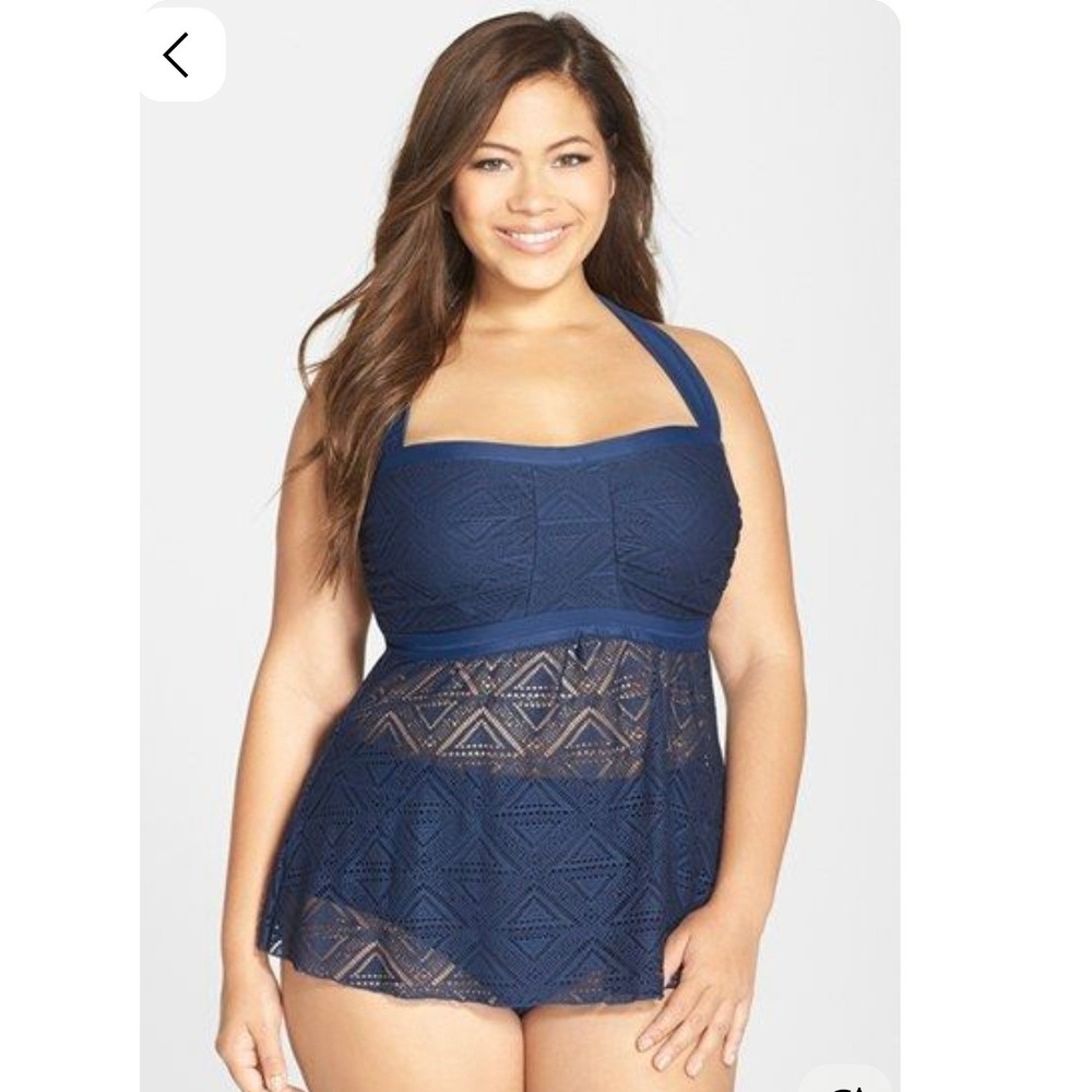 Jessica Simpson Tankini Set Navy Blue Crochet Lace Halter SZ 0X Bottoms SZ  1X